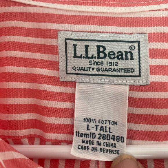 LL Bean Button Up Shirt Mens Size L Tall Pink Striped Short Sleeve 100% Cotton - Picture 11 of 13